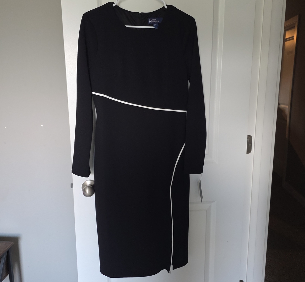 Donna Morgan Black Long Sleeve Sheath Dress with White Piping